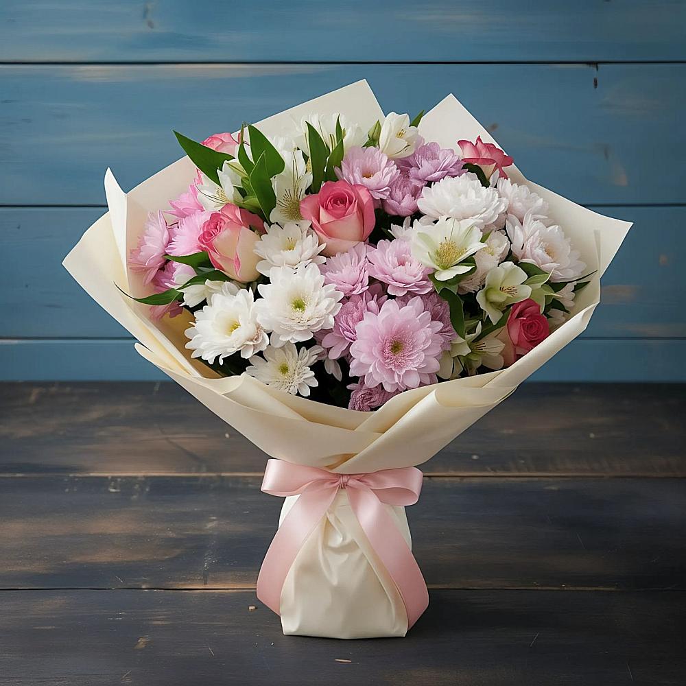 Букет цветов из: Хризантемы, Альстромерии и Розы в Полесске